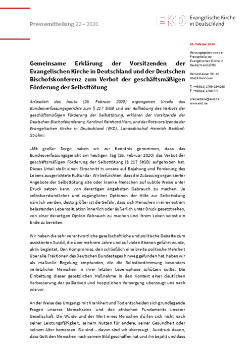 200226 pm_22_Gemeinsame Erklärung der Vorsitzenden der DBK und der EKD zum Verbot der geschäftsmäßigen Förderung der Selbsttötung